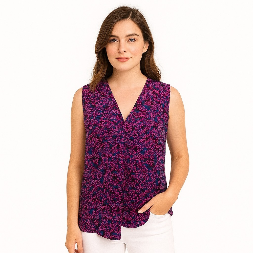vince camuto Floral Sleeveless Top blouse Purple navy blue deep v neck casual